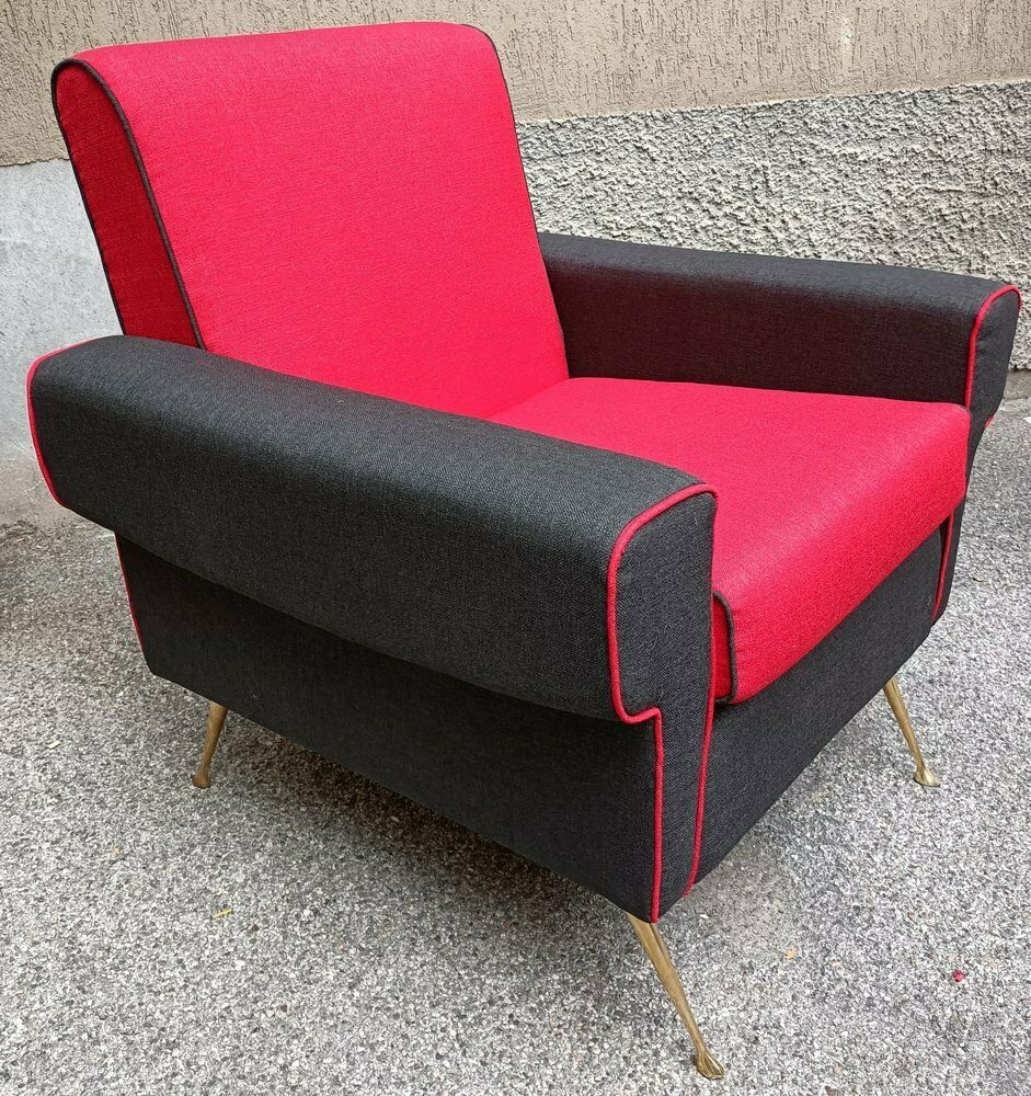 Armchairs In Red And Black With Brass Legs 1950s, Set Of 2 photo vinterior