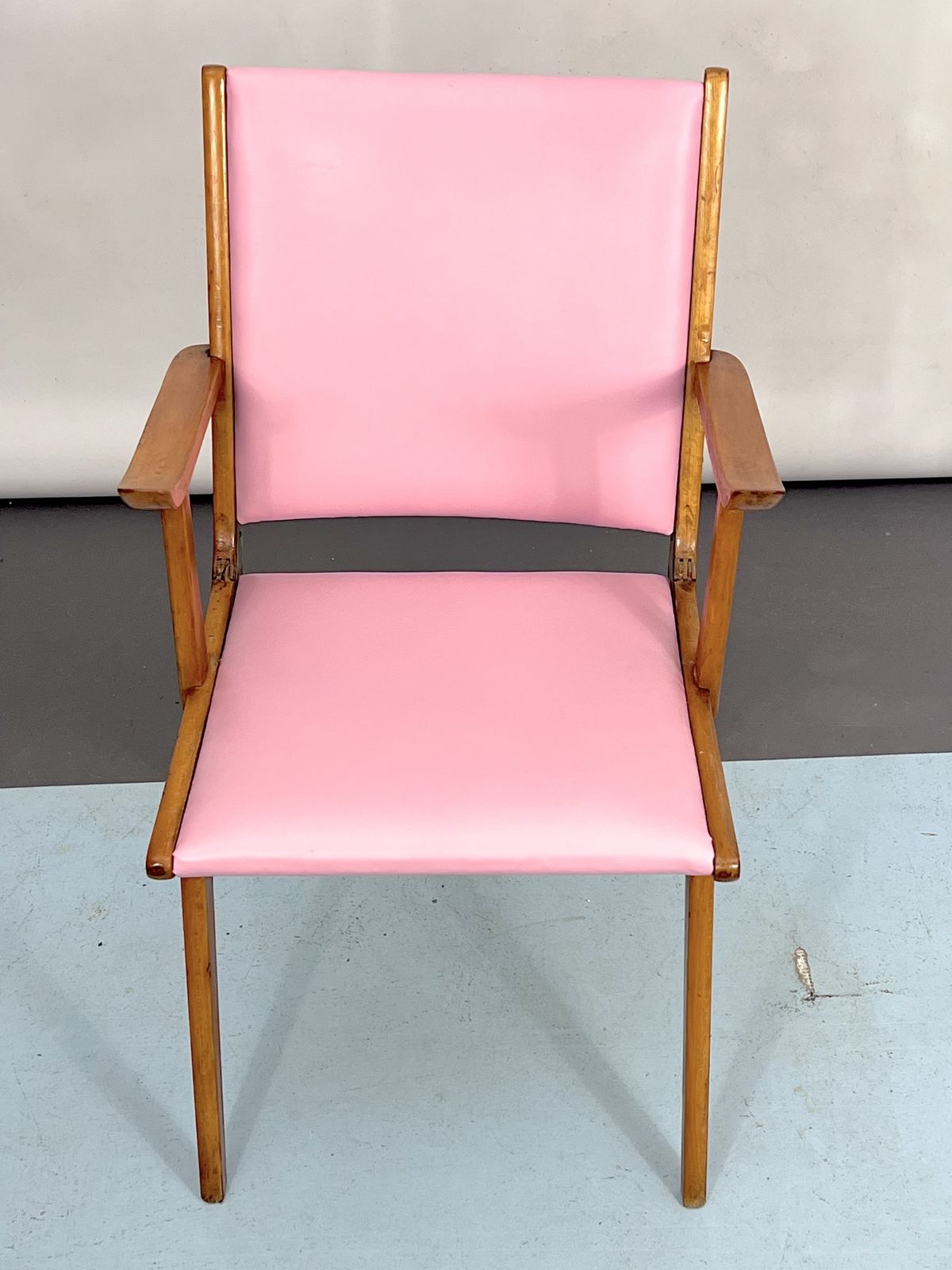 Vintage Italian Wood Accent Chair In Pink Leatherette. Italy 1950s photo 1062.75