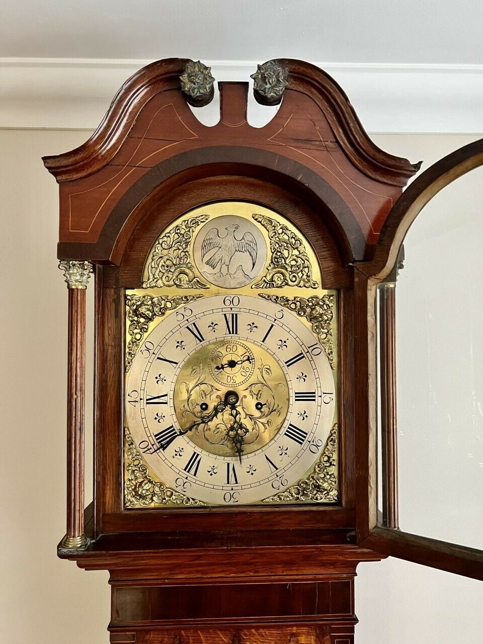 Antique George III Quality Oak And Mahogany Brass Face Long Case Clock photo furniture