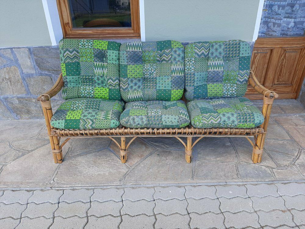 Three Seater Wicker Sofa With Original Cushions 1950s photo furniture