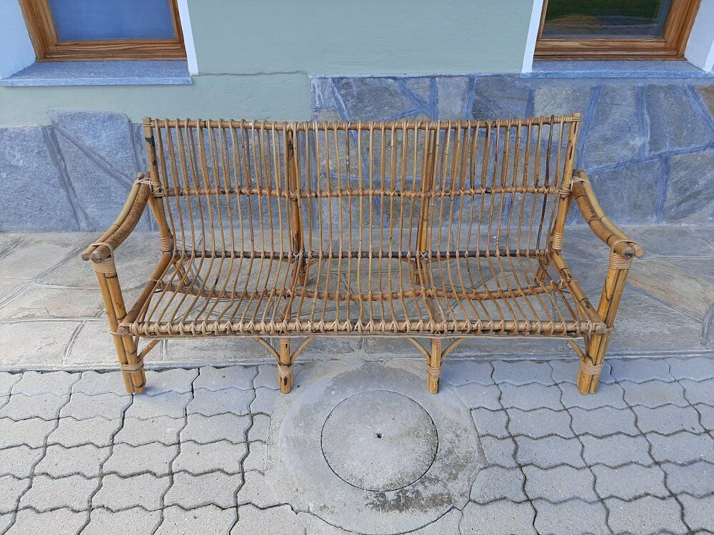 photo buy Three Seater Wicker Sofa With Original Cushions 1950s