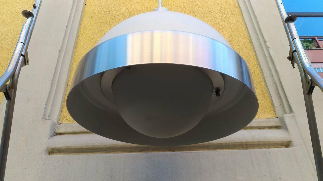 Aluminum Frosted And Opaline Glass Ceiling Lamp By Oscar Torlasco For Lumi 1960s photo furniture