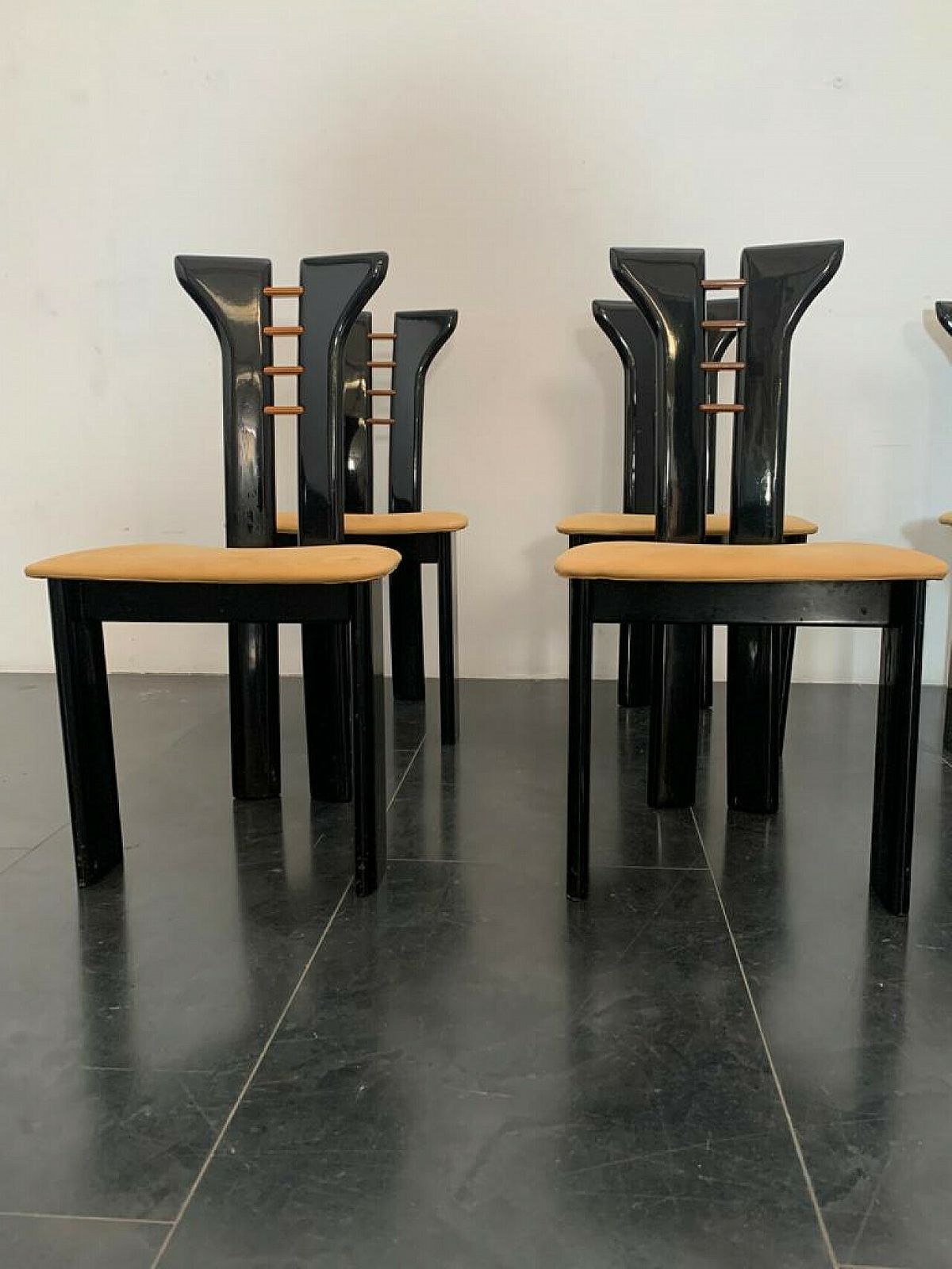 Furniture 6 Chairs In Wood And Leather By Pierre Cardin For Roche Bobois, 1970s photo