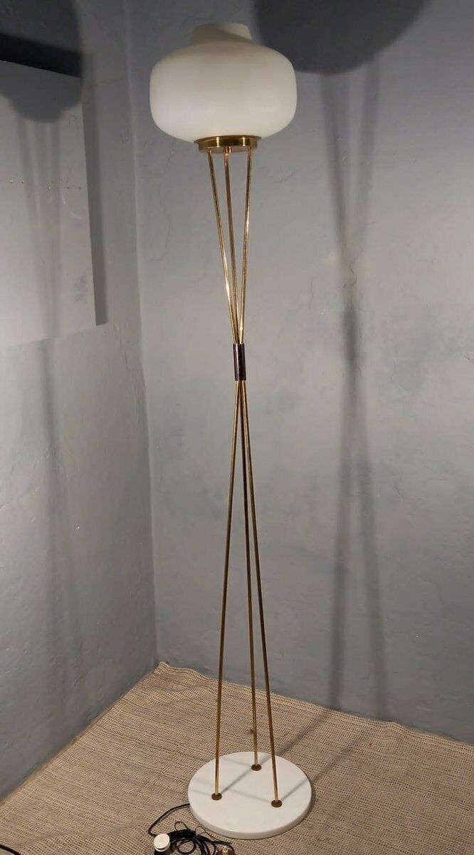 Brass And Opaline Glass Floor Lamp With White Marble Base From Stilnovo, 1950s