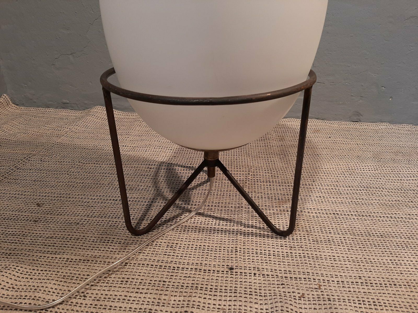 Stilnovo Style Table Lamp With Iron Structure And Egg Shaped Opal Glass Shade, 1990s photo vinterior