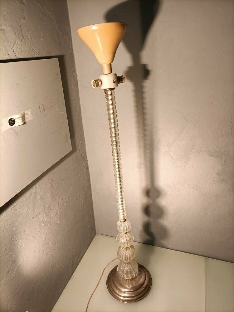 Iridescent Glass Floor Lamp With Fabric Shade By Barovier And Toso, 1940s photo vintage