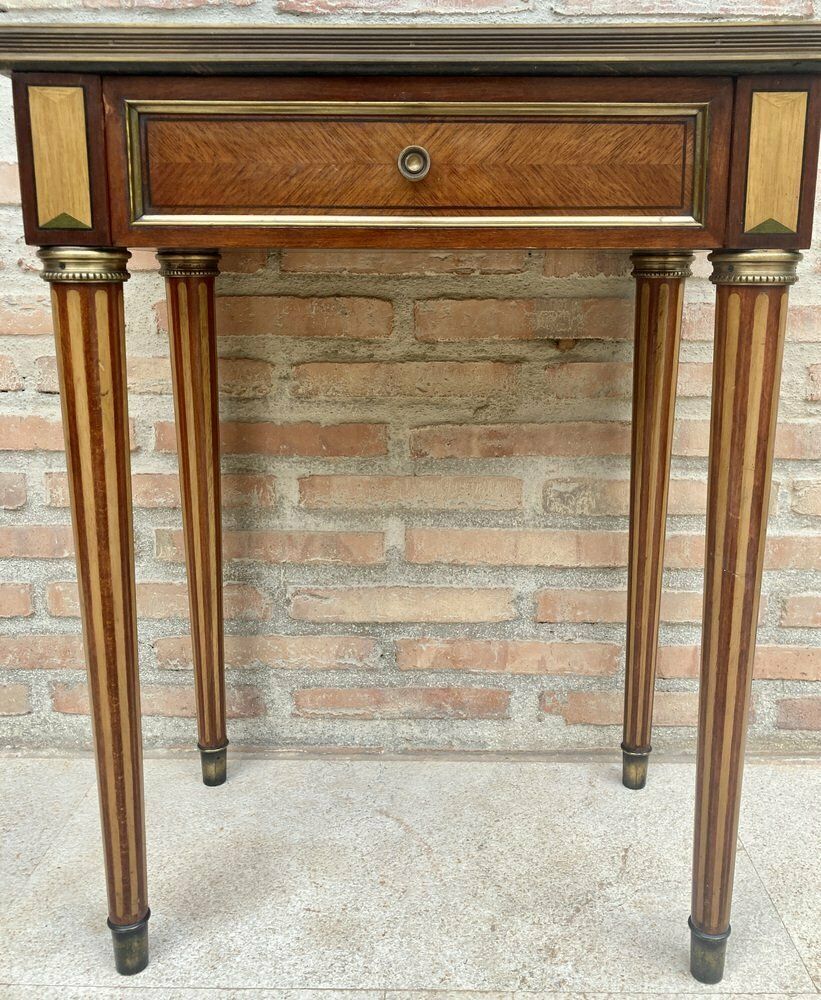 Neoclassical Mahogany Side Table With Fluted Legs And Green Marble, 1920s photo vinterior