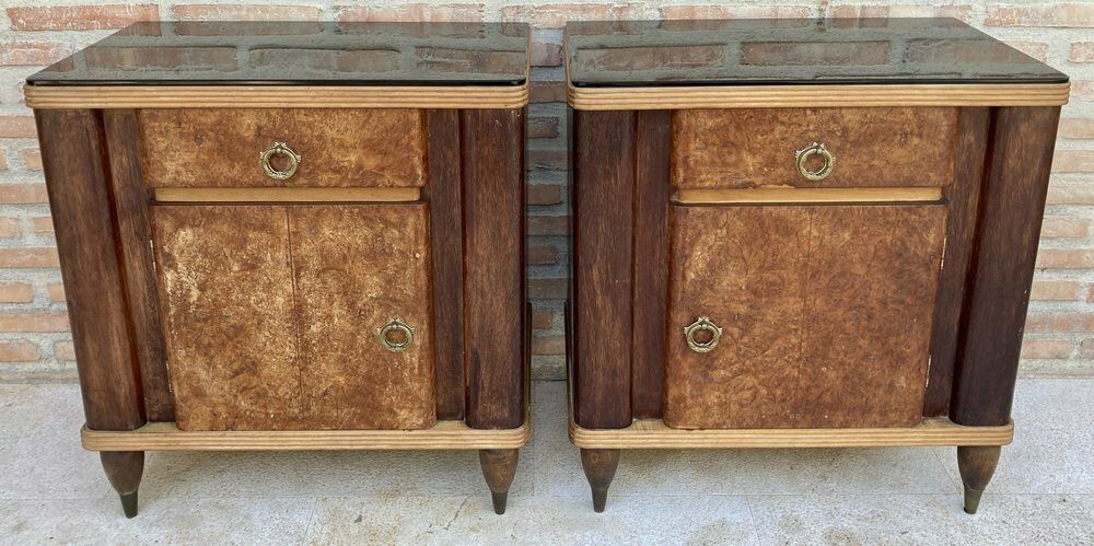 Italian Walnut And Beech Nightstands With Black Glass, 1940s, Set Of 2