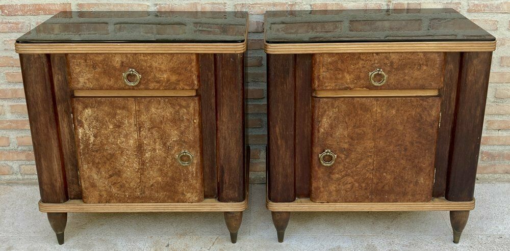 Italian Walnut And Beech Nightstands With Black Glass, 1940s, Set Of 2 photo vinterior