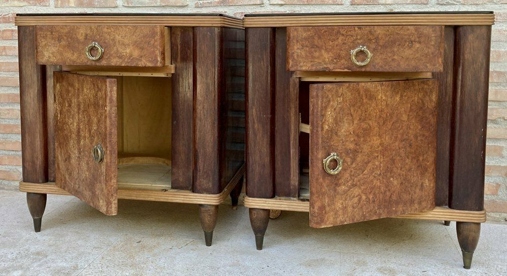 Italian Walnut And Beech Nightstands With Black Glass, 1940s, Set Of 2 photo vintage