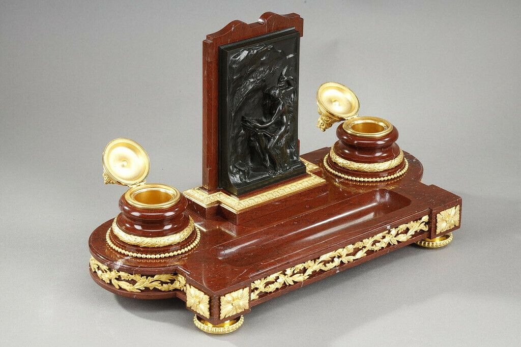 Inkwell In Cherry Red Marble And Gilt Bronze, "Allegory Of Writing", Signed H. Chapu photo vinterior