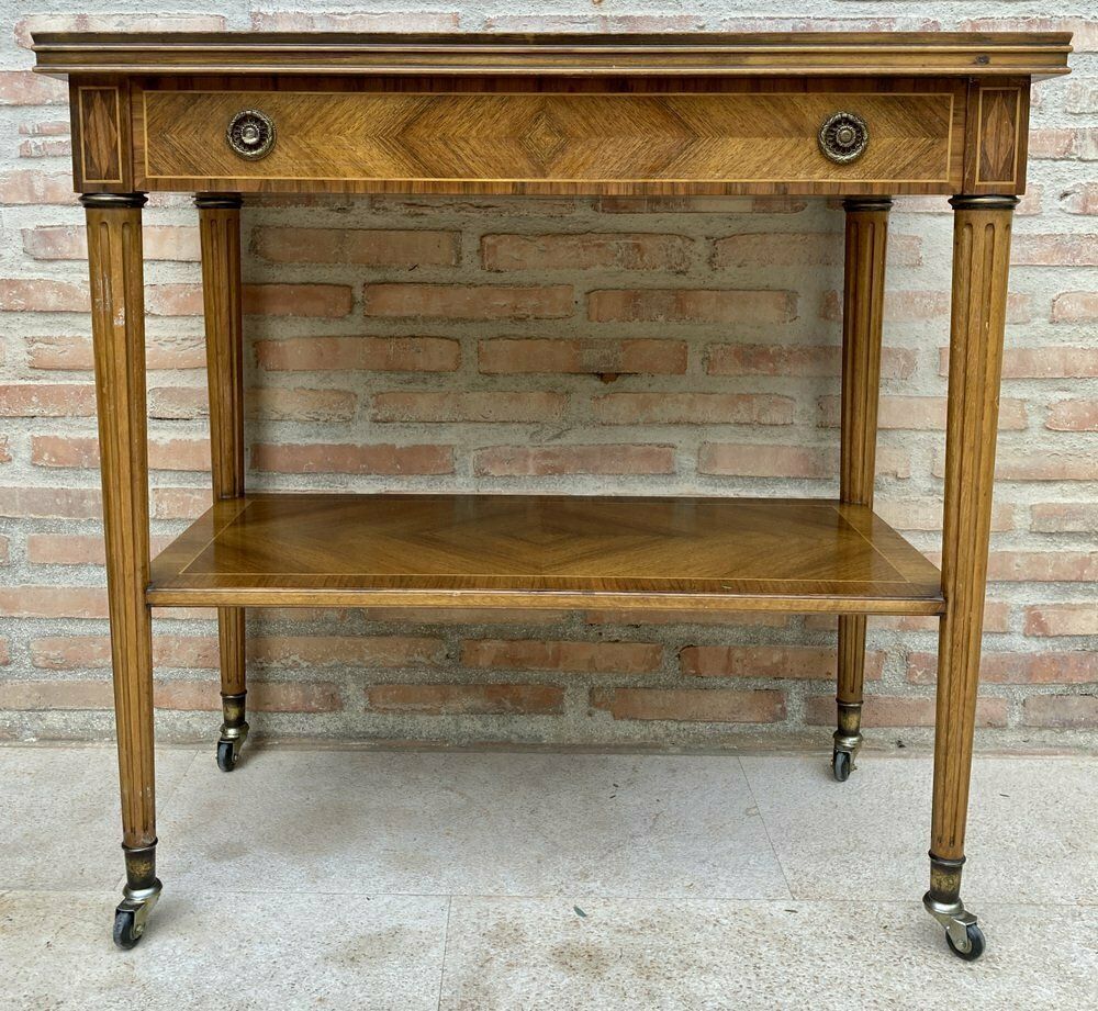Neoclassic French Marquetry Side Table With One Drawer And Wheels 1940s