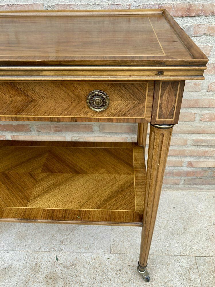 Neoclassic French Marquetry Side Table With One Drawer And Wheels 1940s photo for sale