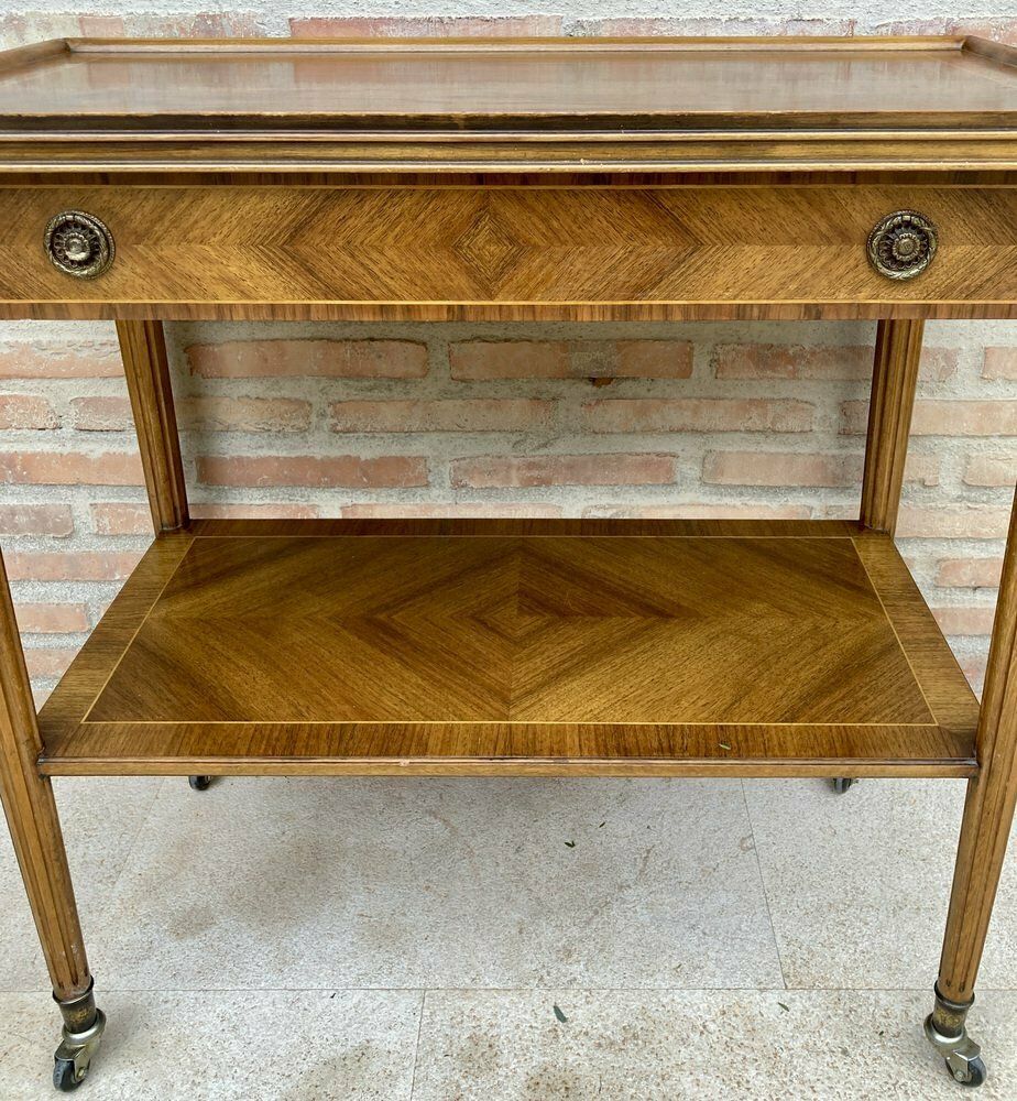 photo vinterior Neoclassic French Marquetry Side Table With One Drawer And Wheels 1940s