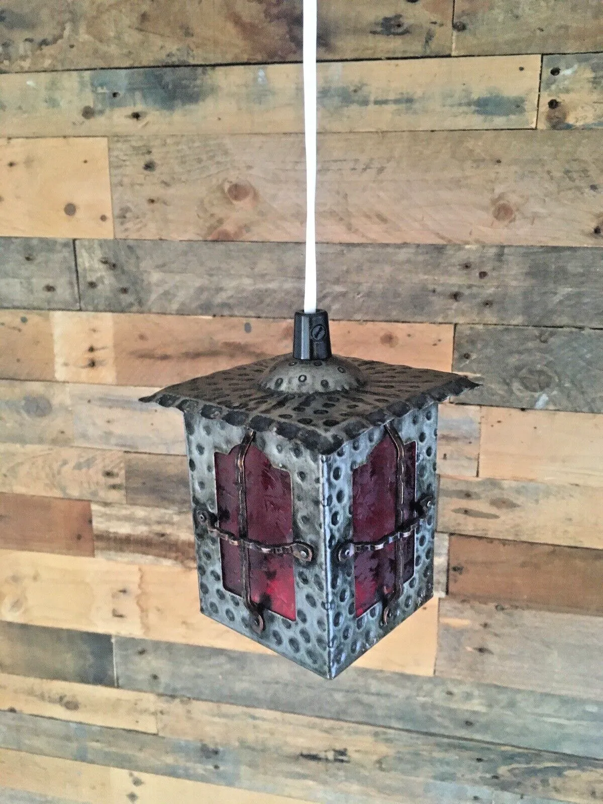 Vintage Metal Art Nouveau Style Red Glass Copper Porch Lantern Hall Light Retro photo furniture