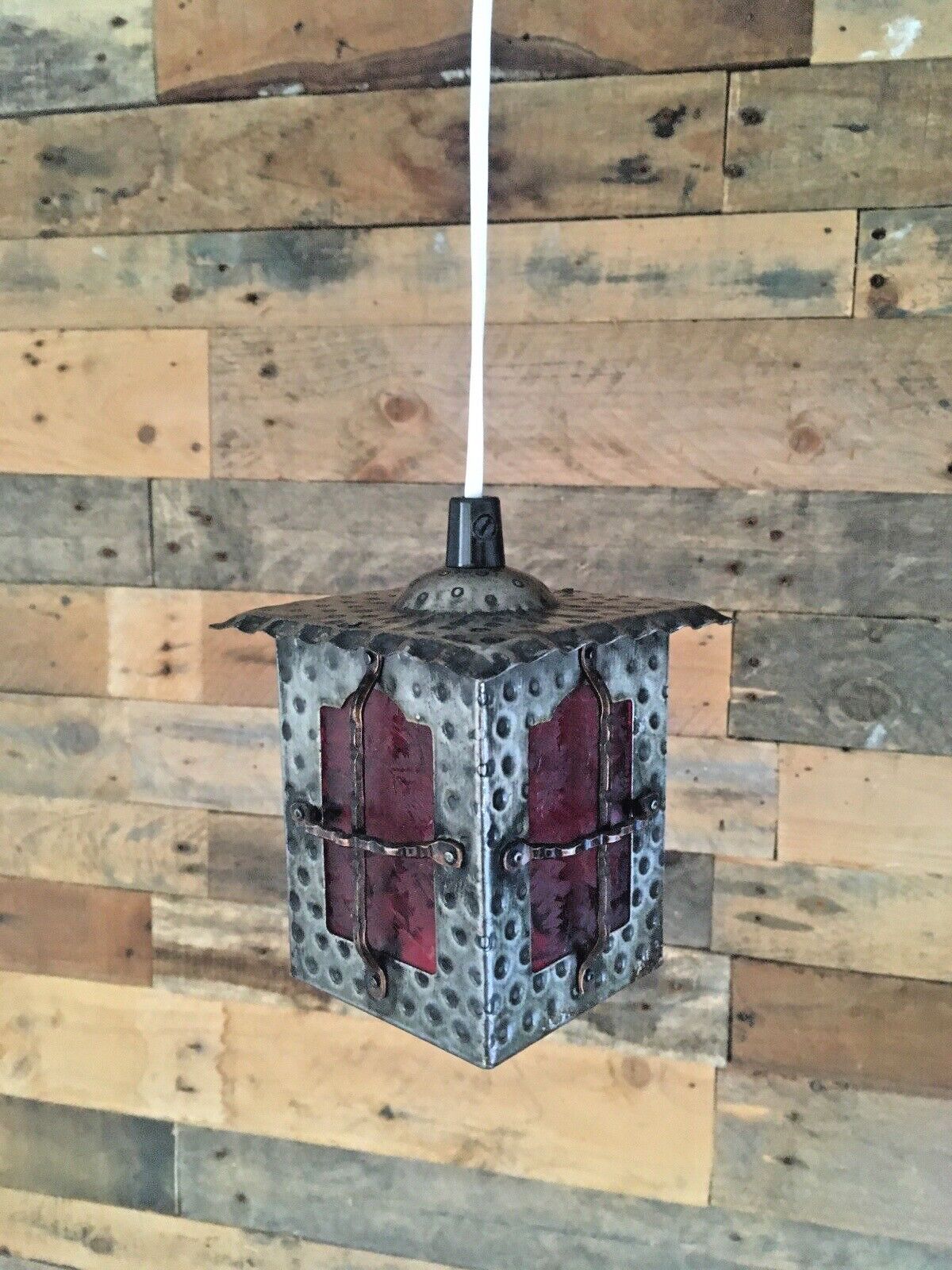 photo vintage Vintage Metal Art Nouveau Style Red Glass Copper Porch Lantern Hall Light Retro