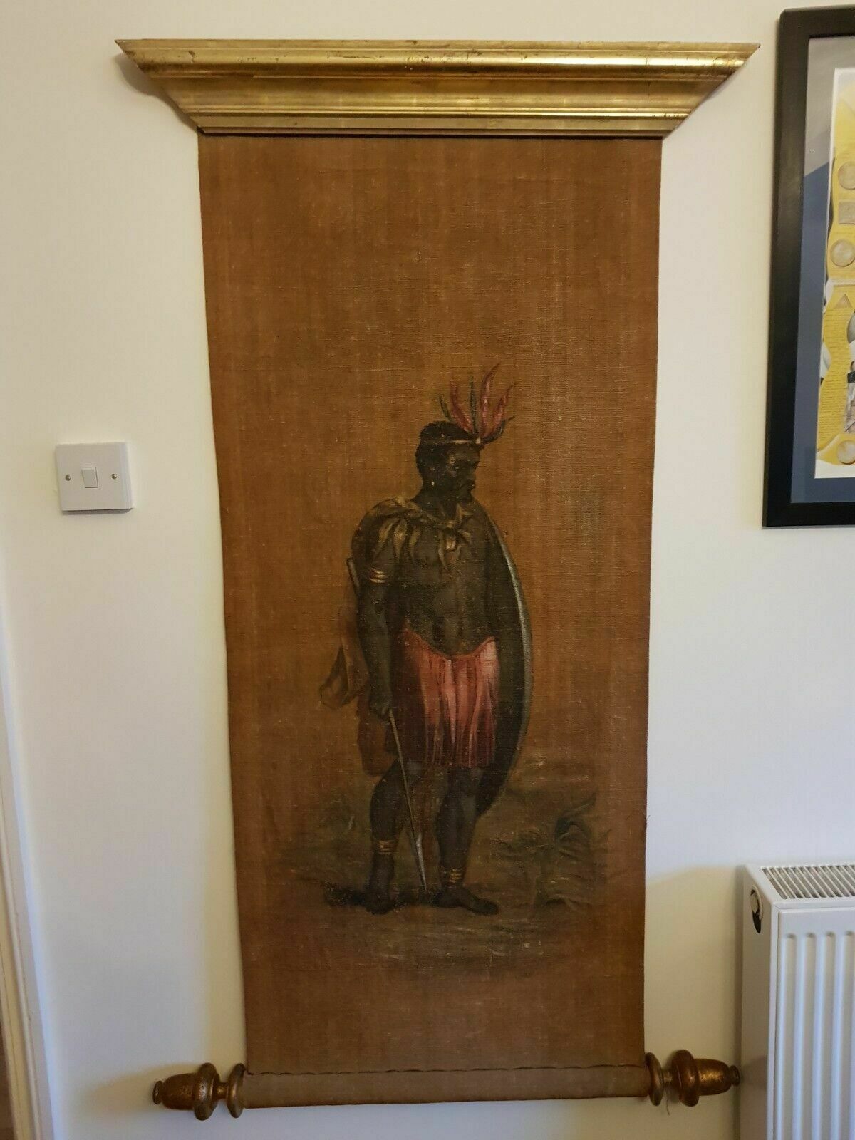 Rare Tribal Art Wall Hanging With African Chief And Gilded Antique Stretchers
