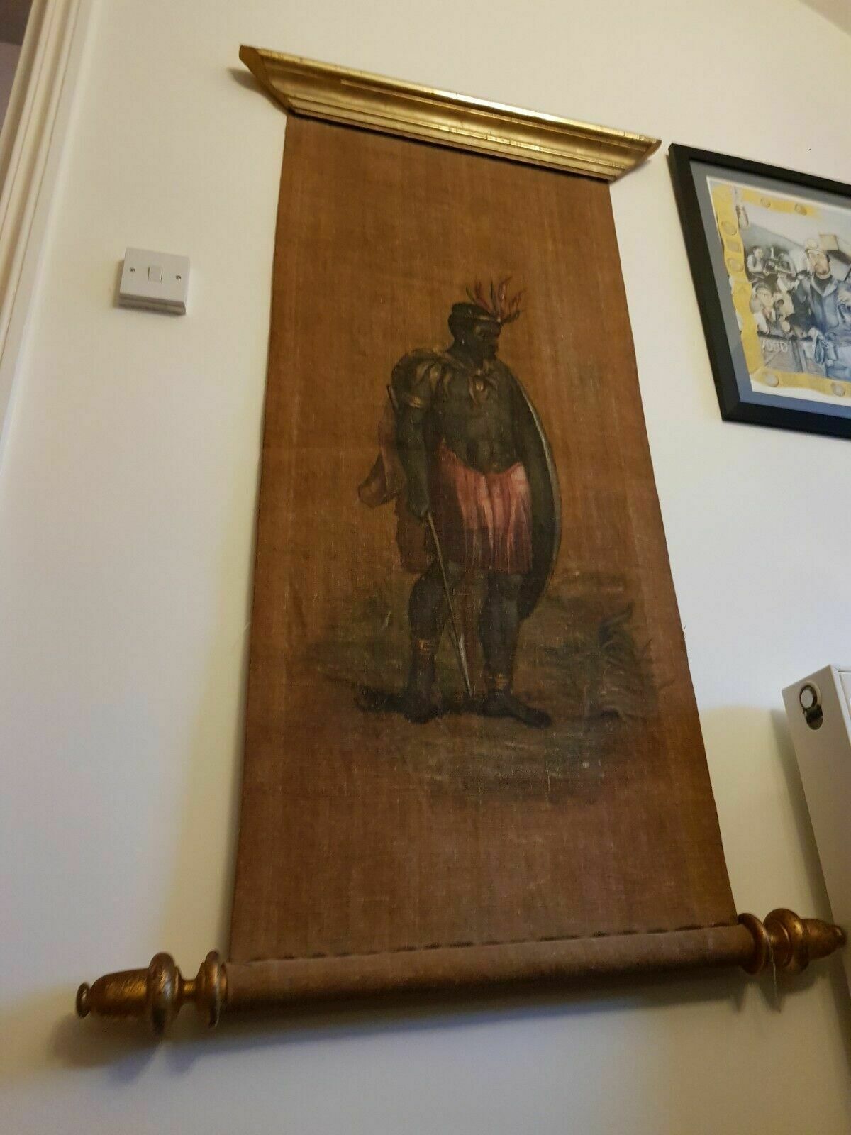 Rare Tribal Art Wall Hanging With African Chief And Gilded Antique Stretchers photo furniture