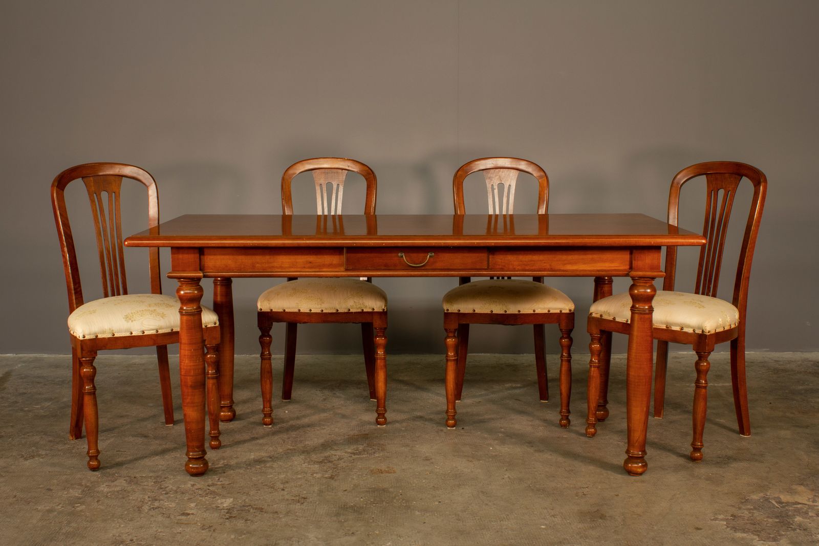 Table And 4 Upholstered Chairs, Cherry Wood From The 80s