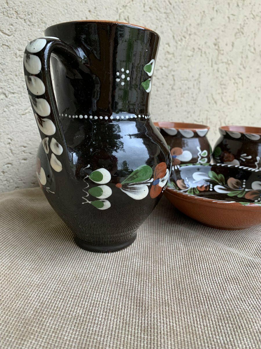 Vintage Hungarian Folk Glazed Ceramic Set By Sarospatak, Set Of 5 photo for sale