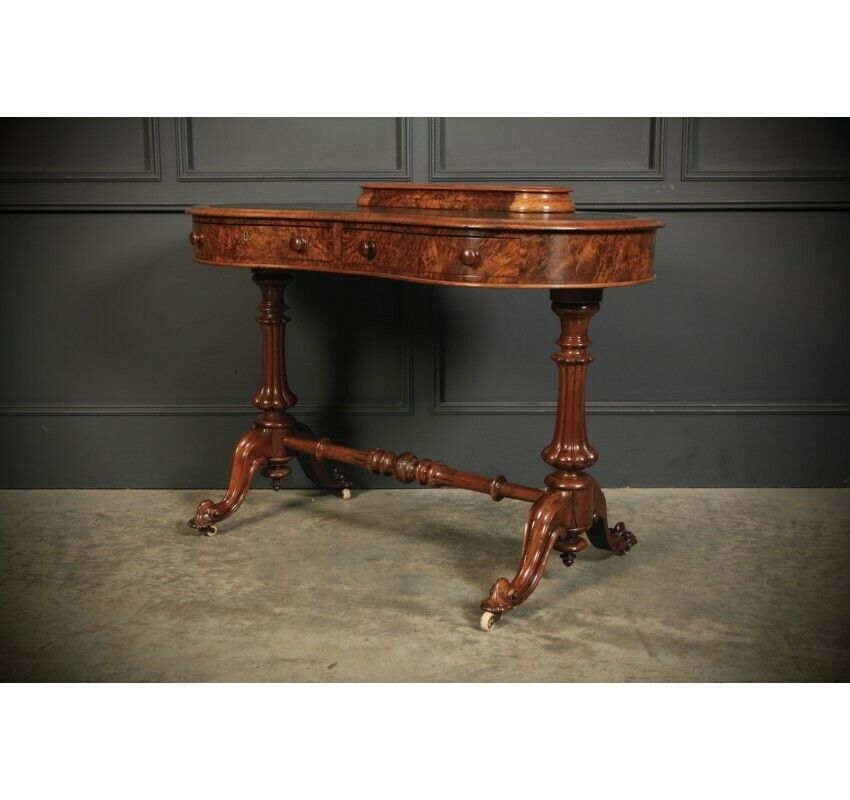 Marquetry Inlaid Burr Walnut Kidney Shaped Writing Table photo vintage