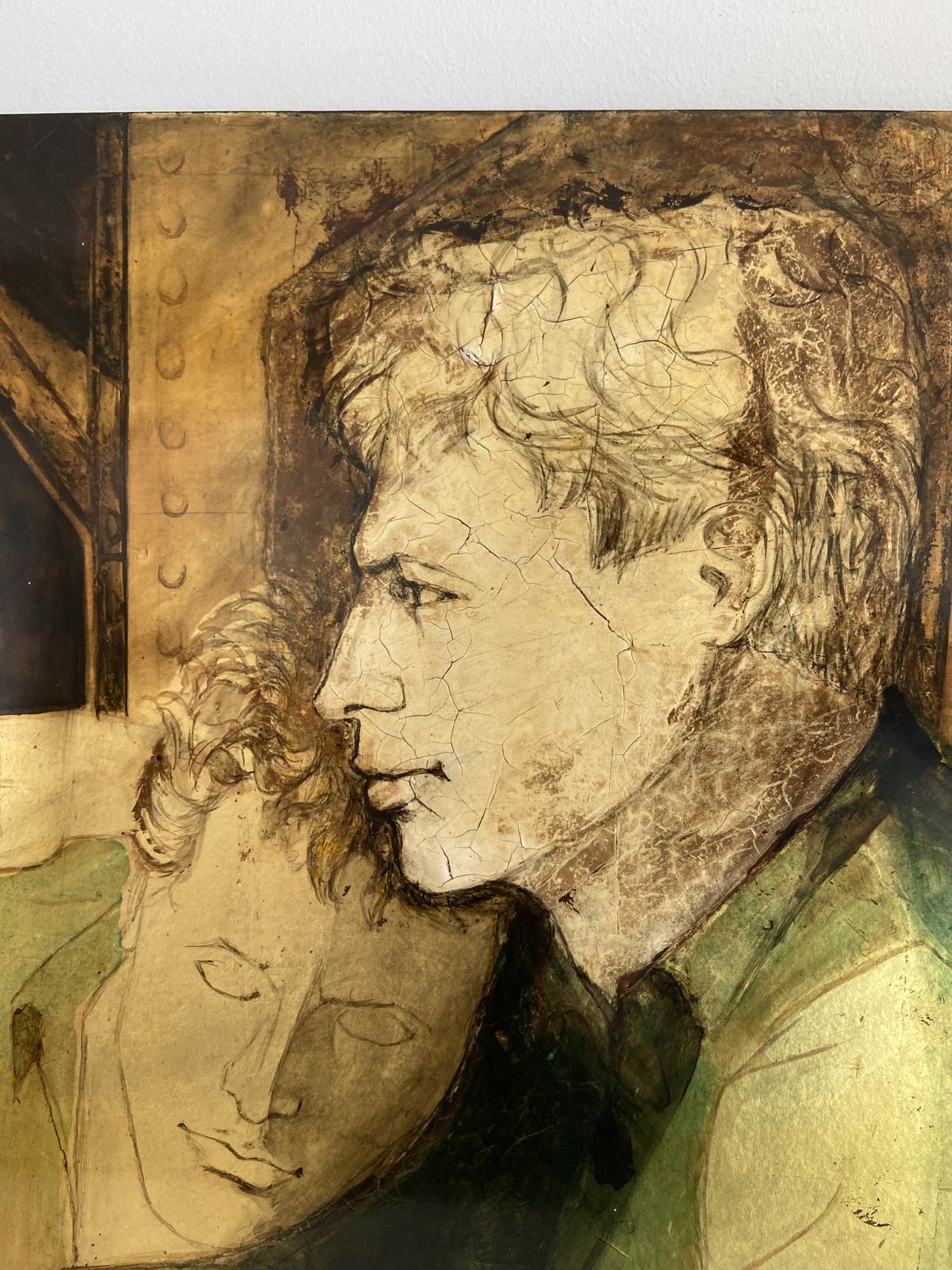 "The 2 Friends". Lacquered Panel Representing A Couple Of Young Men Signed Gobing. 1986 photo vintage