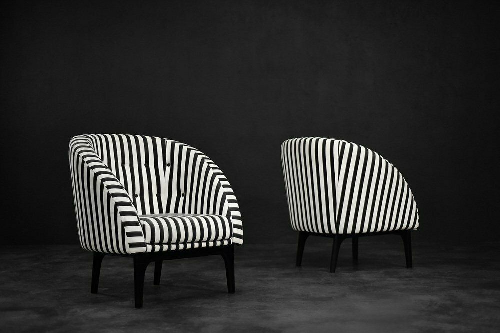 Mid Century Scandinavian Modern Rounded Armchairs With Black & White Stripes, 1960s, Set Of 2 photo 2512.0