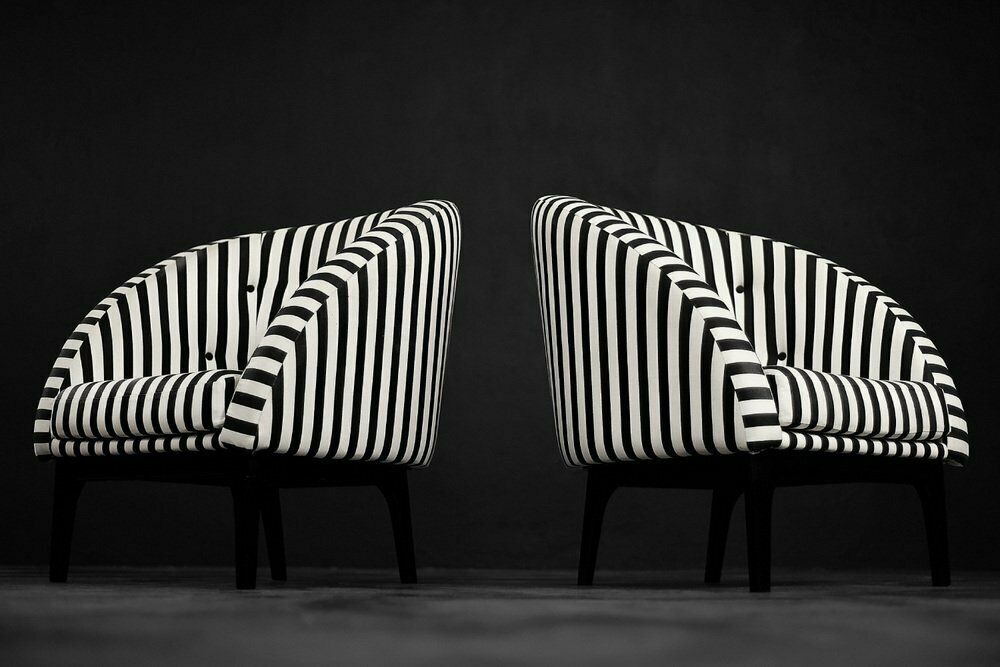photo vinterior Mid Century Scandinavian Modern Rounded Armchairs With Black & White Stripes, 1960s, Set Of 2