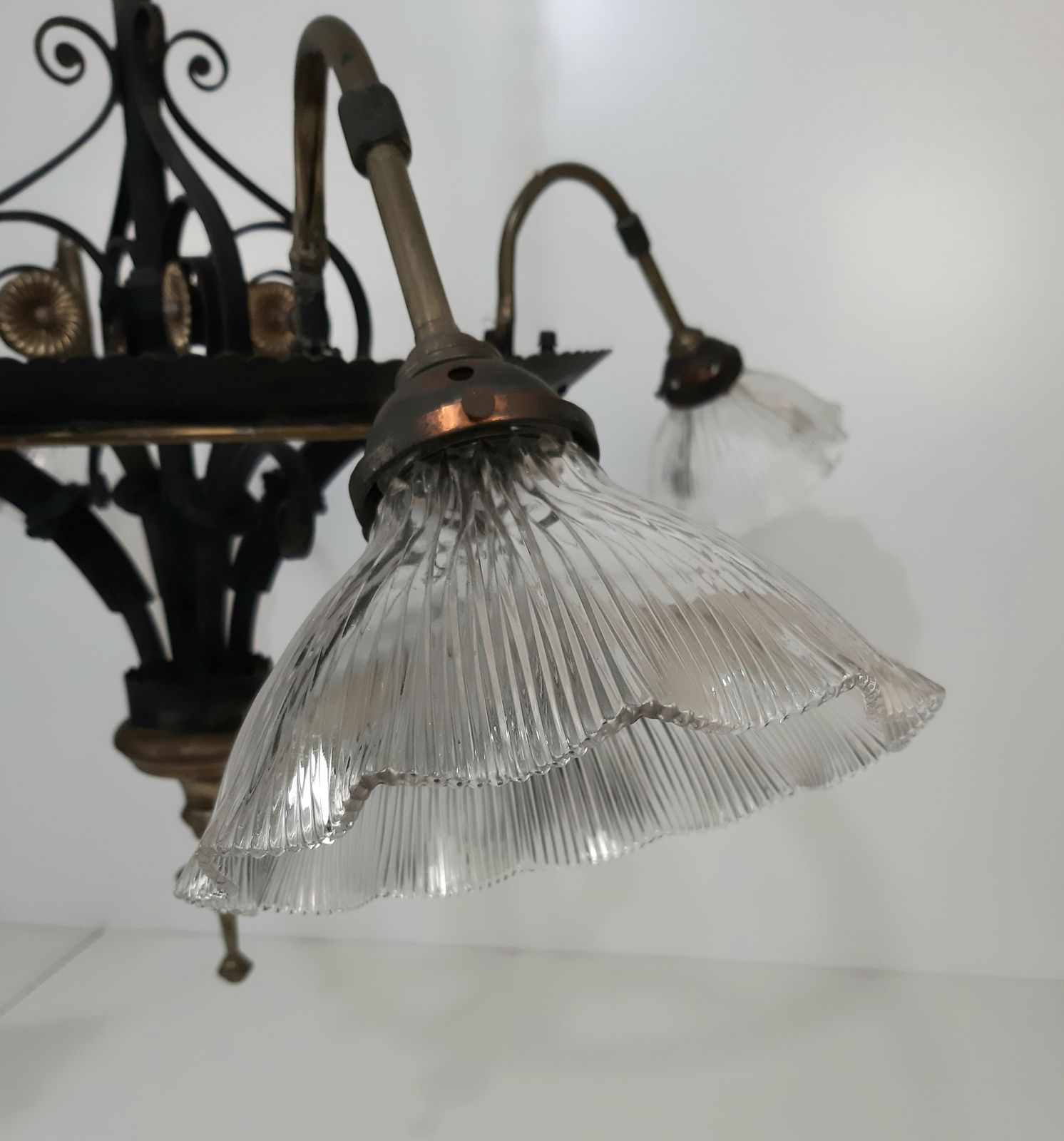 Victorian Cast Iron 4 Holophane Chandelier photo buy