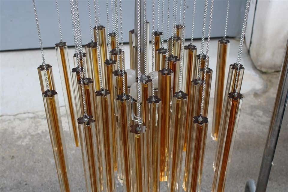 Round Cascade Italian Chandelier Venini Design 1960 Midcentury Steel Silver photo vinterior
