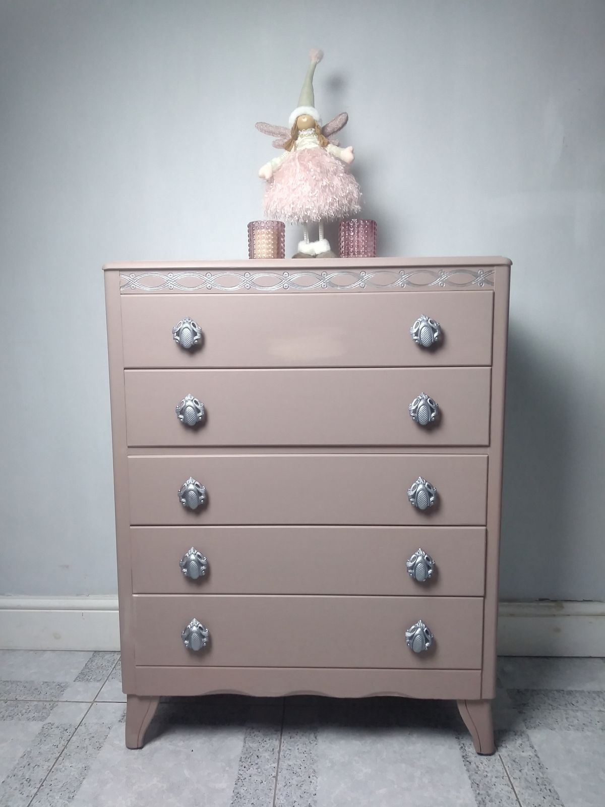 Stunning Harris Lebus Five Drawer Chest Hand Painted In Damask Original Handles And Carved Detail Finished In Silver photo furniture