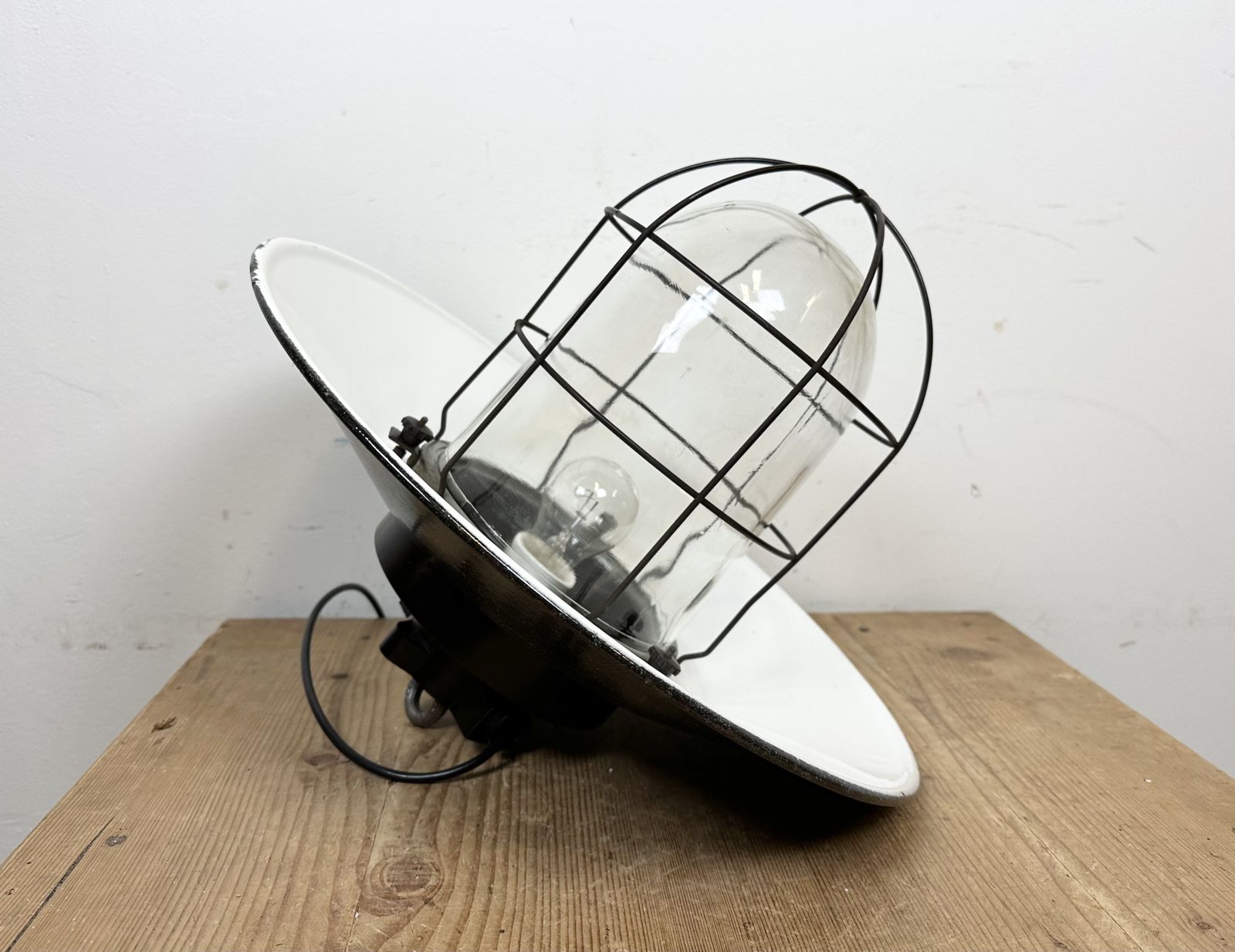 photo for sale Industrial Grey Enamel Factory Hanging Cage Lamp, 1960s, 20x
