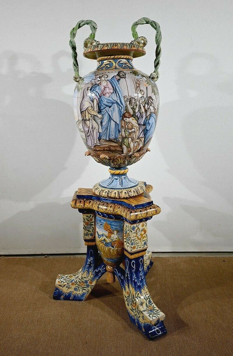 Majolica Vase On Bolster Set, Italy   19th Century
