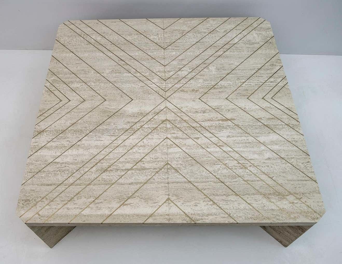 Willy Rizzo Mid Century Italian Travertine Coffee Table With Brass Inlays, 1970s photo Furniture