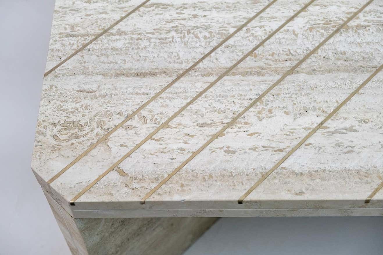 Willy Rizzo Mid Century Italian Travertine Coffee Table With Brass Inlays, 1970s photo vintage