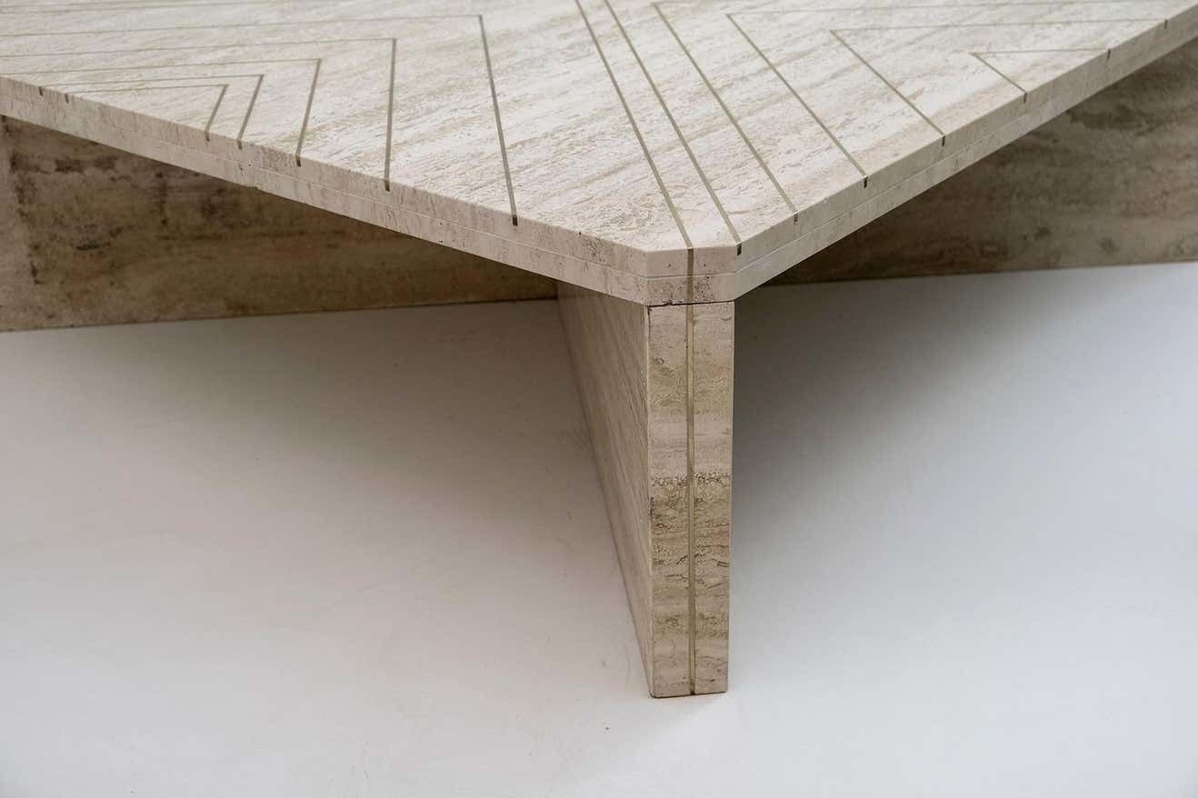 photo furniture Willy Rizzo Mid Century Italian Travertine Coffee Table With Brass Inlays, 1970s