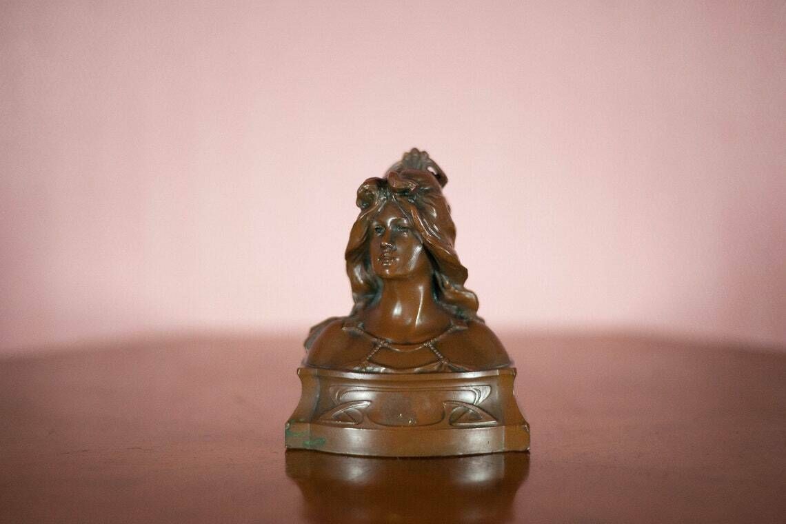 Bust Art Nouveau, Bust Signed Renard, Bust In Regulation Copper Patina, Art Nouveau Woman, Collection, Library, Interior Decoration