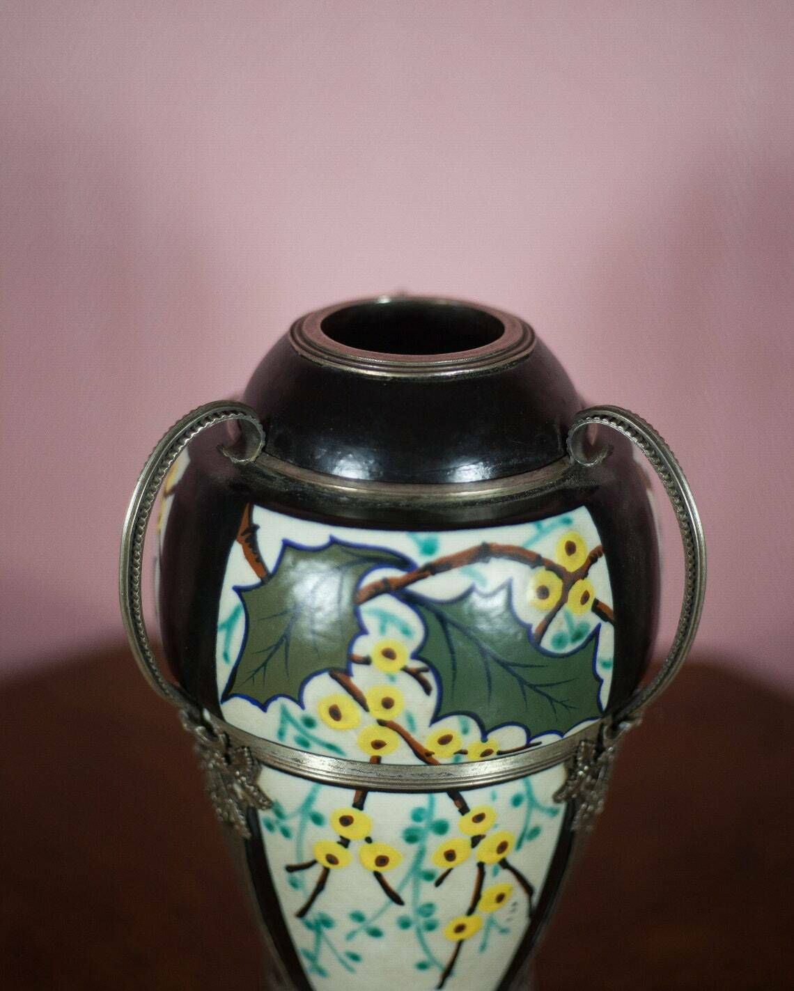 Ceramic Vase With Silver Frame, Argyl Signed Vase, Art Nouveau Vase, Art Deco, Collection, Flower Vase, 30's photo for sale