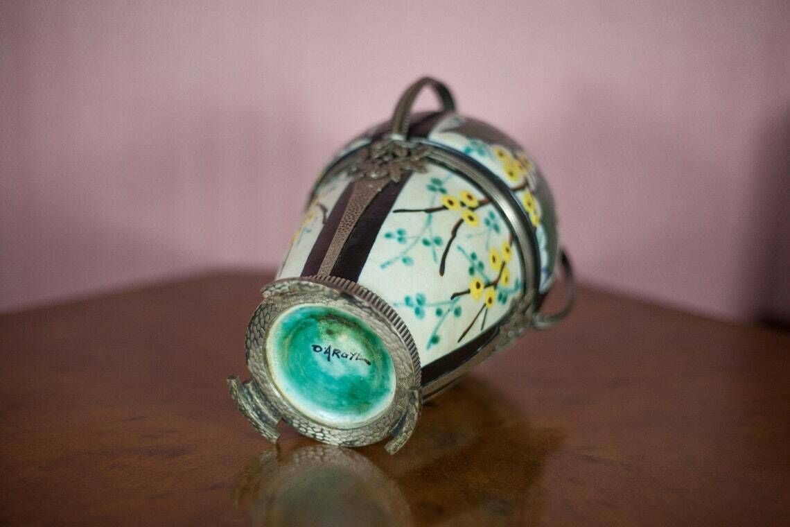 Ceramic Vase With Silver Frame, Argyl Signed Vase, Art Nouveau Vase, Art Deco, Collection, Flower Vase, 30's photo vintage