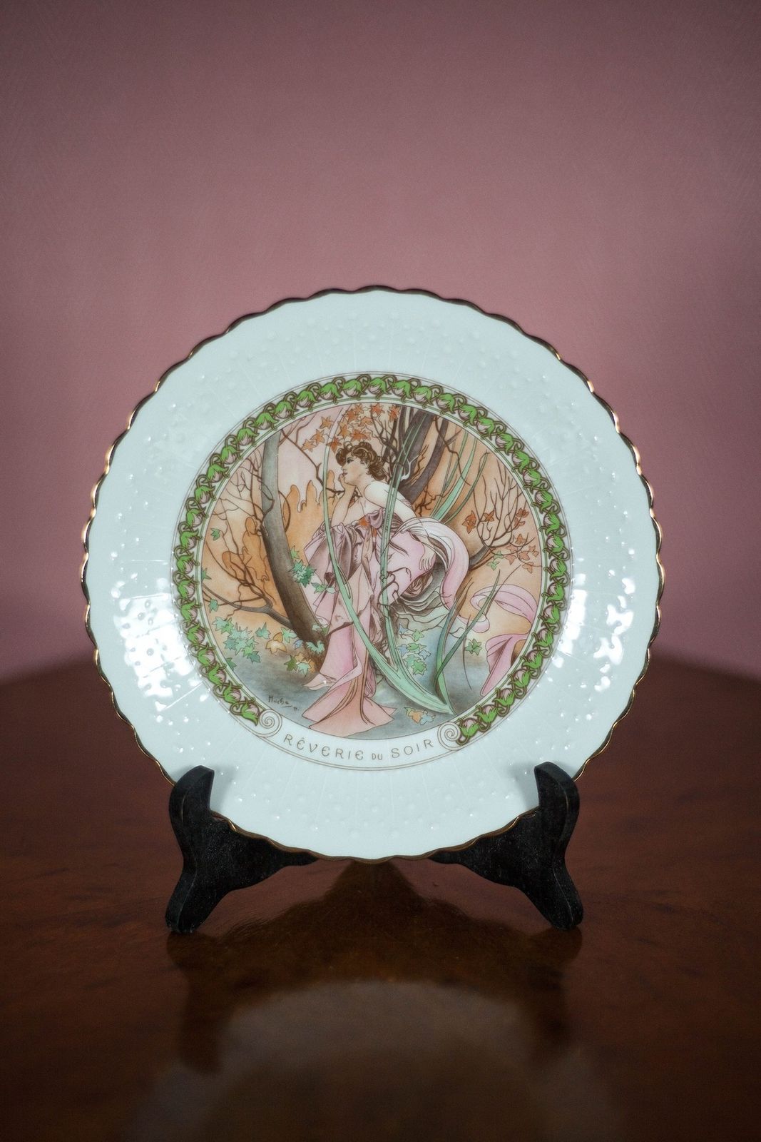 Limoges Porcelain Plate Mucha Reverie Du Soir By P.Marquet & Fils, Collection, Micha Daytime Hours, Art Nouveau, 70's photo furniture