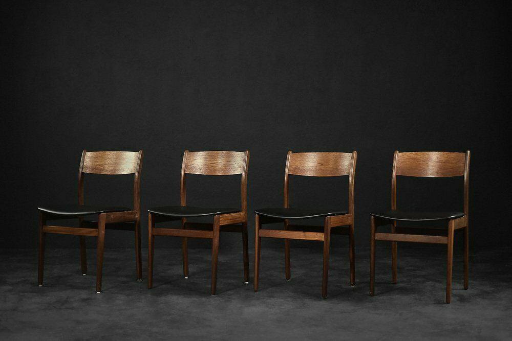 Mid Century Modern Scandinavian Dining Chairs In Teak And Vinyl, 1960s, Set Of 4