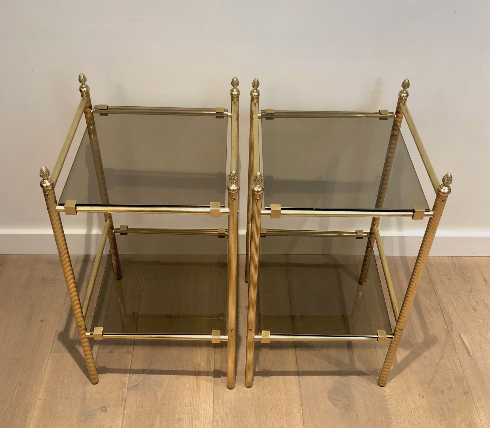photo for sale Pair Of Side Tables In Brass And Trays Of Smoked Glasses In The Style Of Maison Baguès