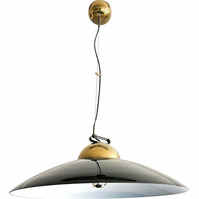 Vintage Chandelier In Brass And Black Lacquered Metal, Italy 1970
