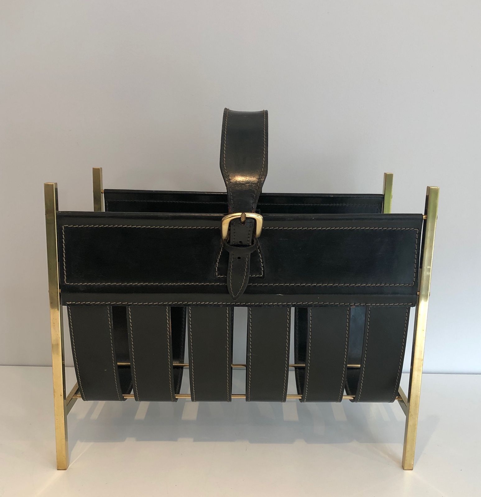 Brass And Leather Magazine Rack Representing A Handbag. Work Of Jacques Adnet. Around 1940 photo for sale