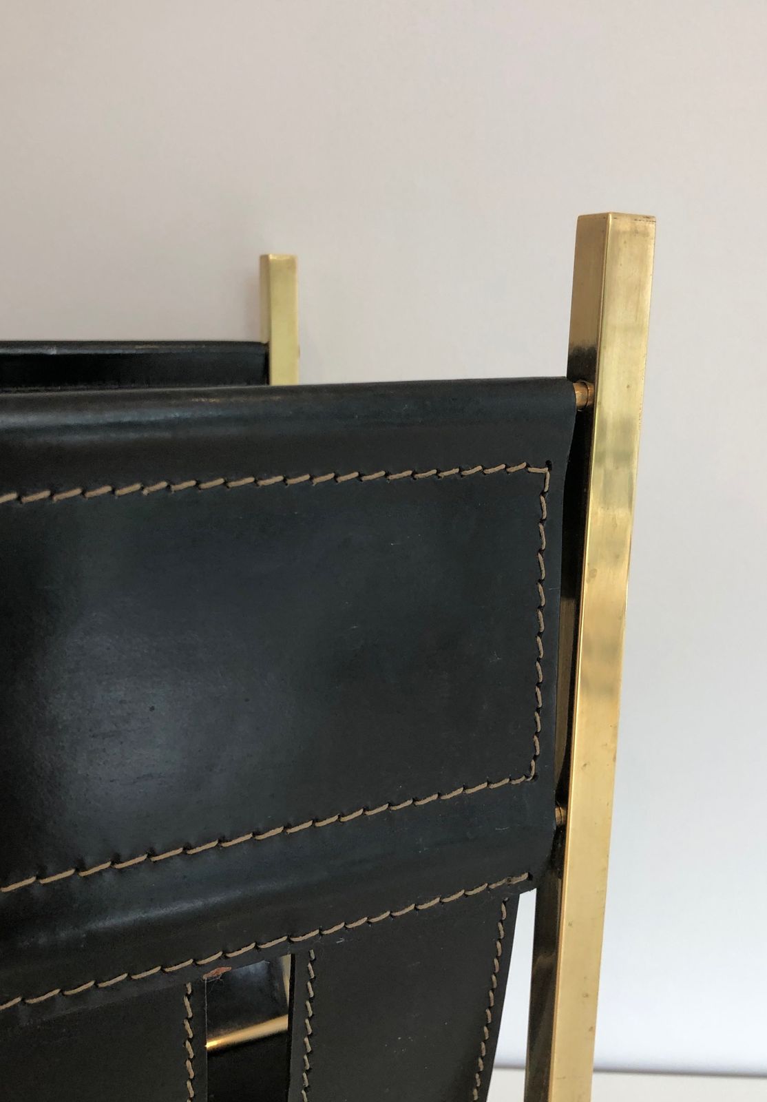 Brass And Leather Magazine Rack Representing A Handbag. Work Of Jacques Adnet. Around 1940 photo Furniture