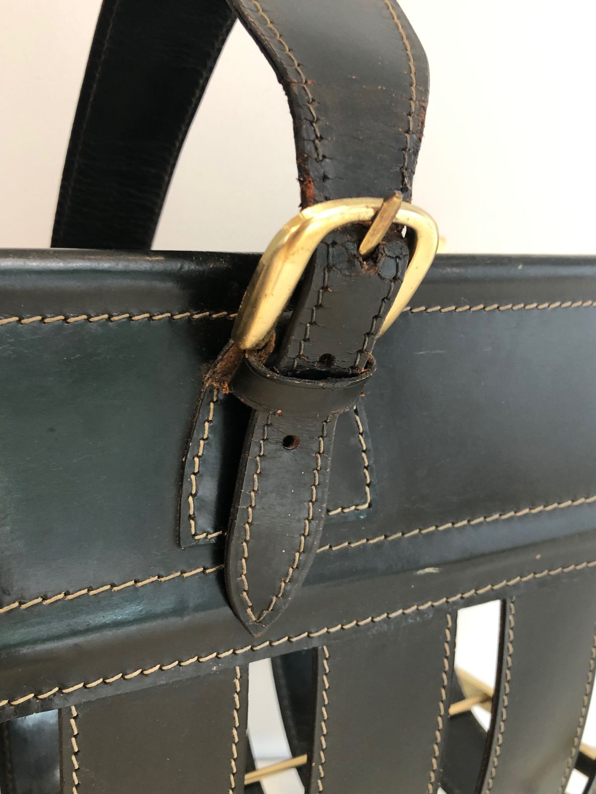 Brass And Leather Magazine Rack Representing A Handbag. Work Of Jacques Adnet. Around 1940 photo vintage
