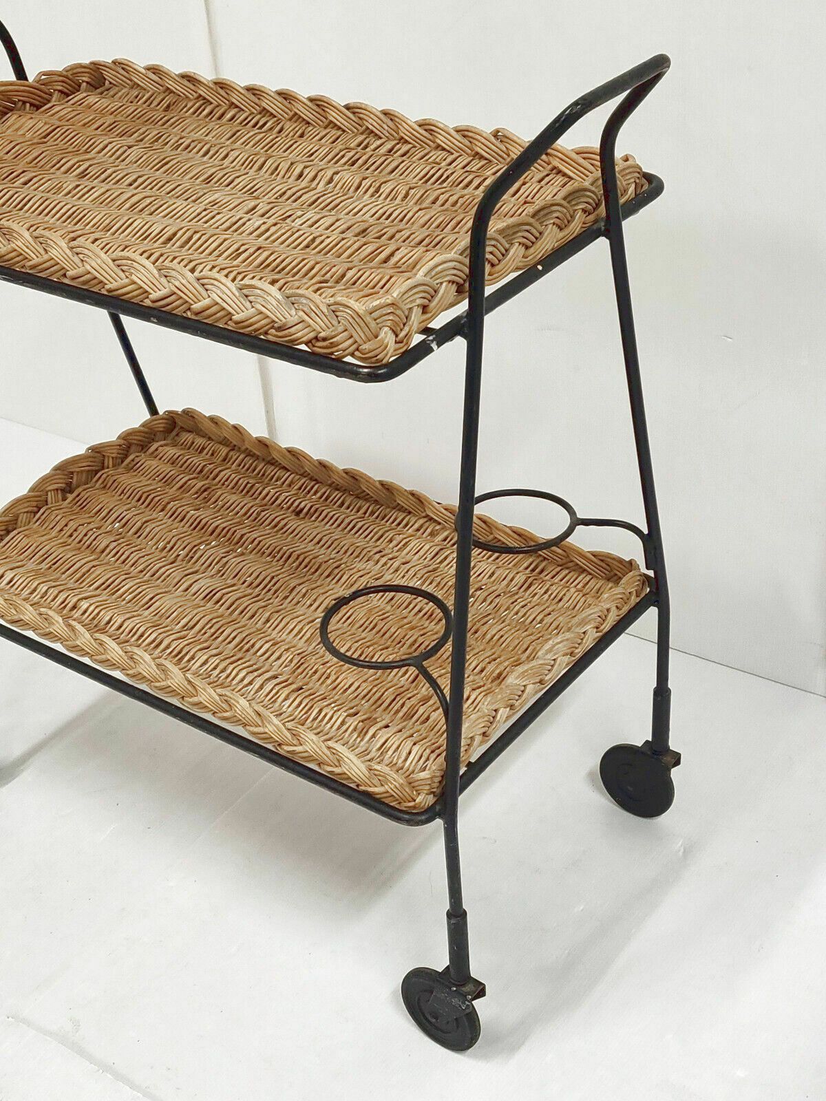 Rolling Bar Vintage 1960 In Rattan & Steel 60s 1960s 60s photo vintage