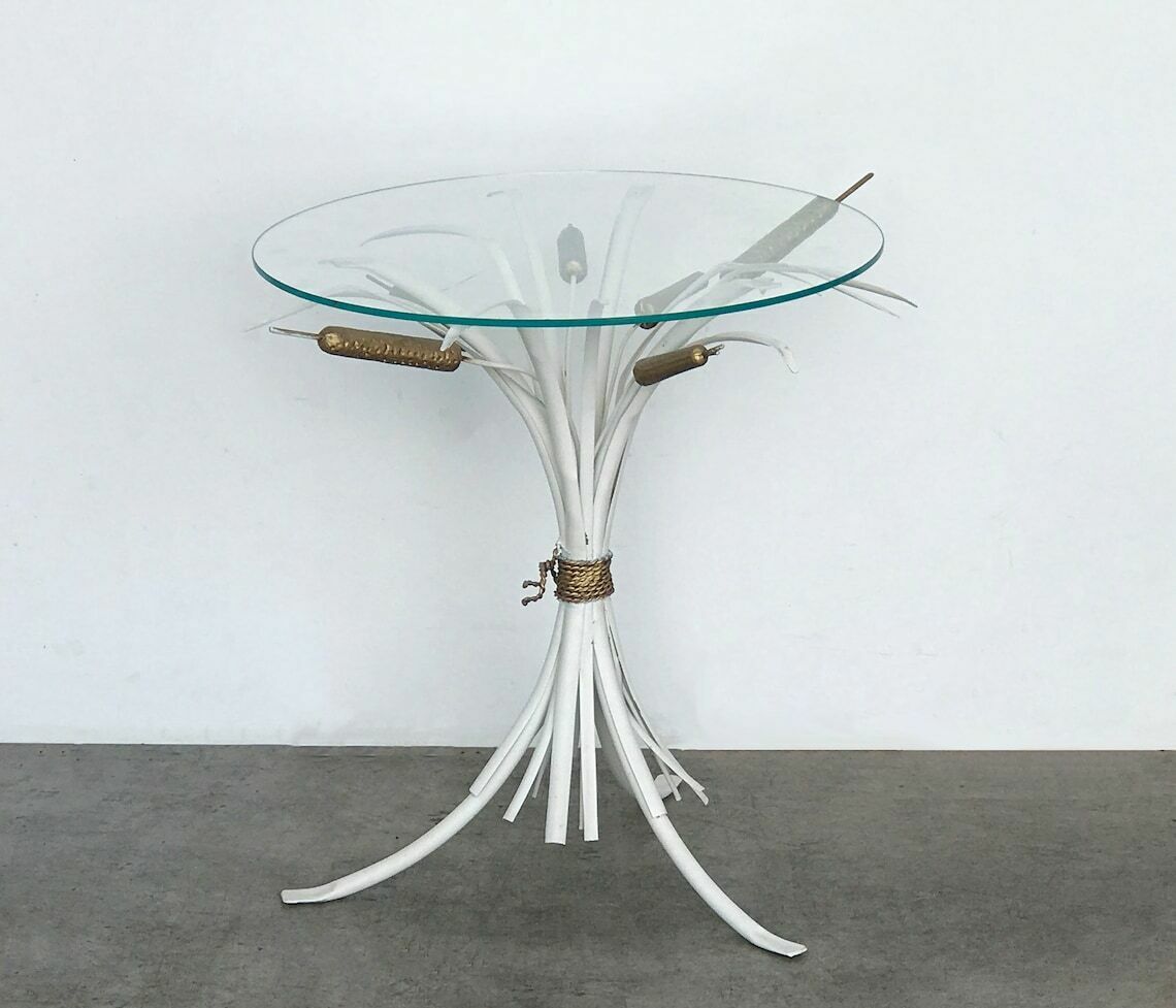 Hollywood Regency Style French White & Gold Wheat Bundle Glass Top Coffee Table
