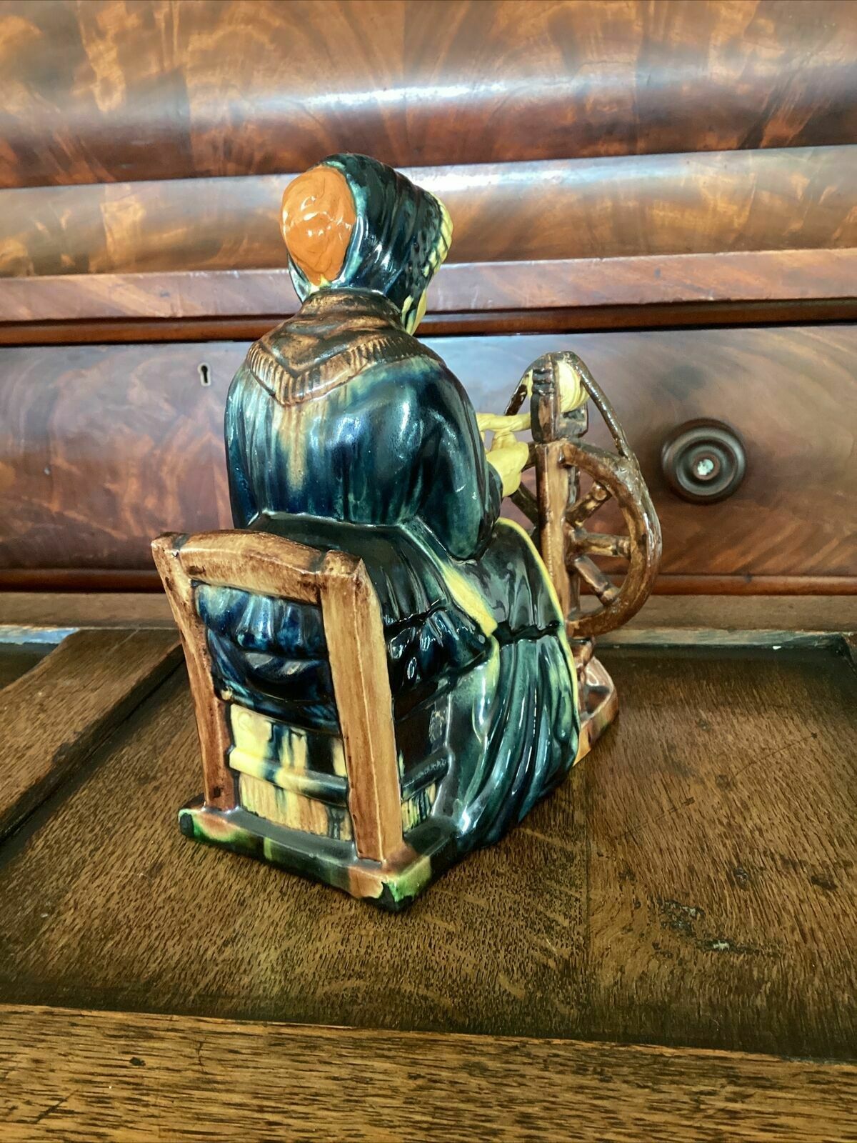 Early 20th C Continental Bisque Pottery Figurine. Dutch Woman Spinning Yarn photo vintage