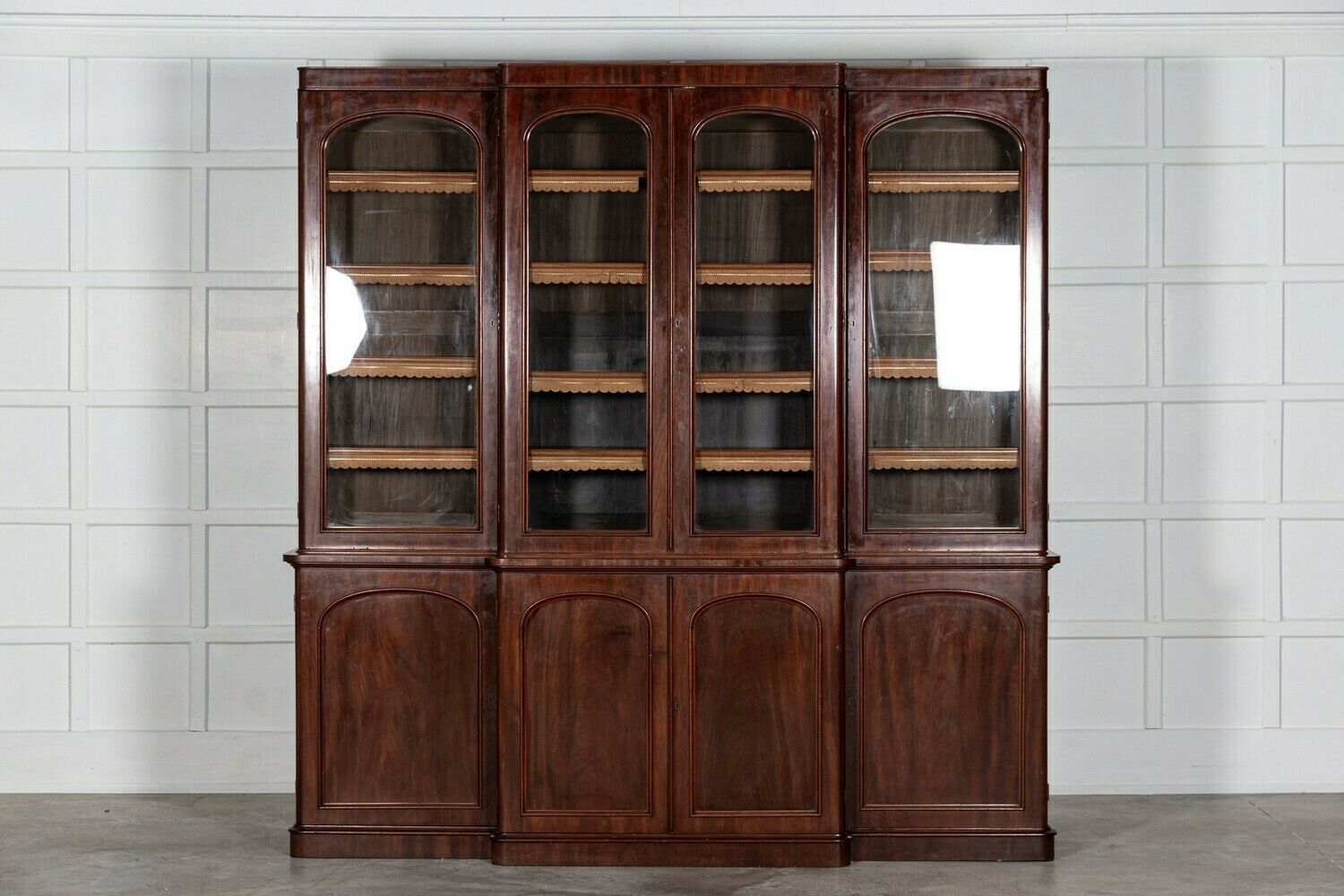 Large 19thc English Mahogany Glazed Breakfront Bookcase